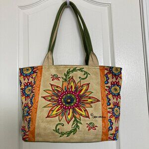 Kate McRostie Embellished Beaded Floral Cotton Canvas Tote Bag / Purse